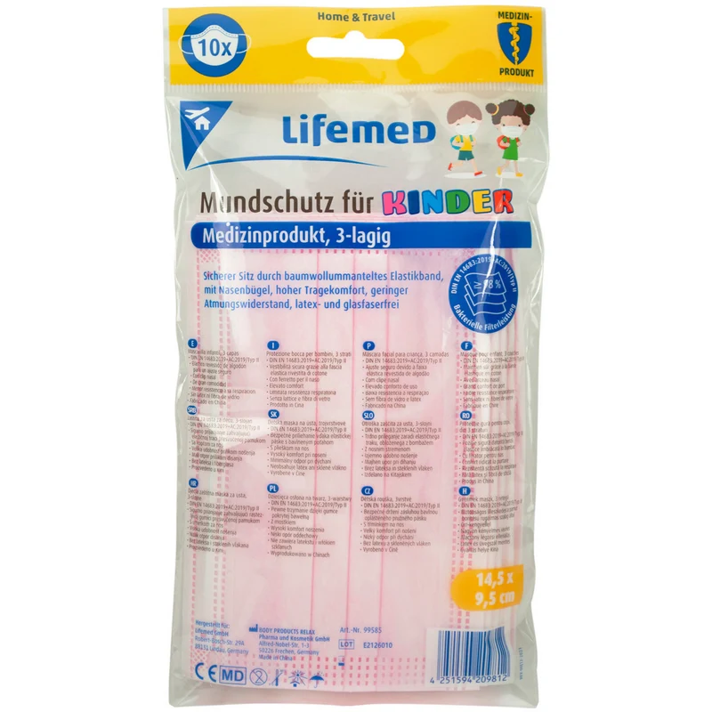 Lot de 2 boîtes de masques chirurgicaux enfant Lifemed EN 14683 Type II, rose (20 pièces)